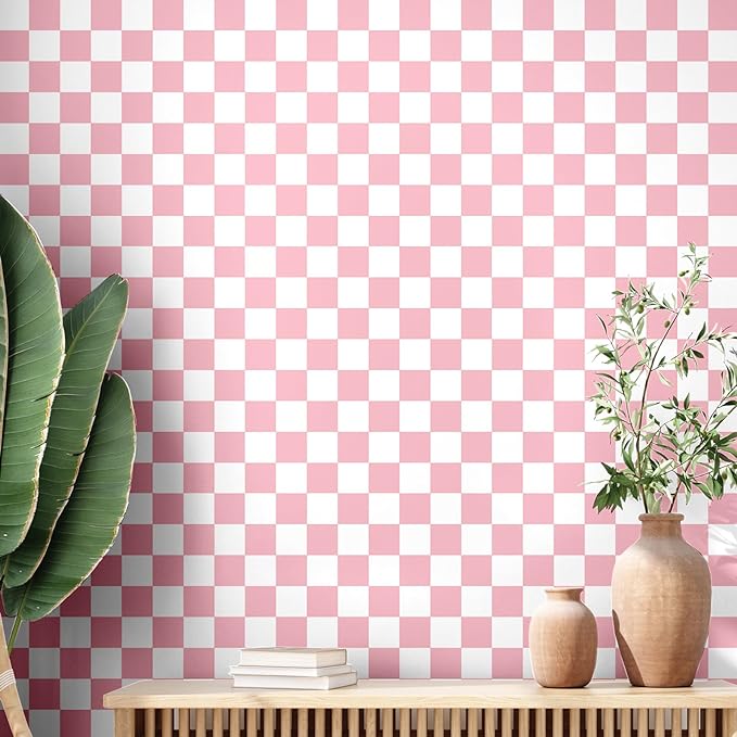 Drydiet Light Pink Checkered Peel and Stick Wallpaper 15.75'' x 118" | Plaid Funky Checkered Contact Paper, Waterproof Contact Wallpaper, Vintage Gingham Decor for Room Bathroom Cabinet, Trendy by Drydiet