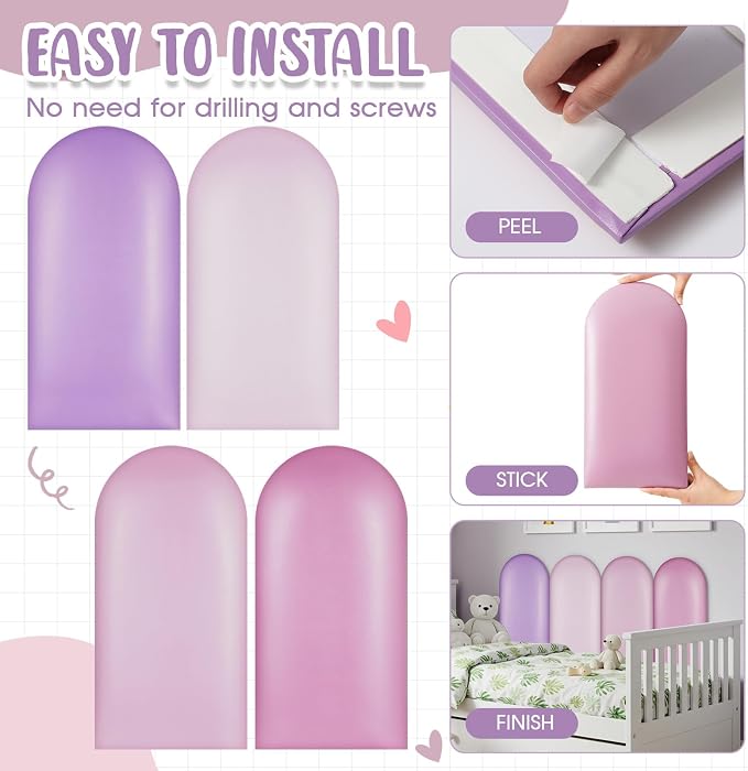 Jetec 4 Pcs Kids Wall Padding Panels, 1.18 Inch Thick Foam Wall Protector, 15.75 x 7.87 Inch Soft 3D Purple Safety Panels for Nursery & Playroom - Image 4