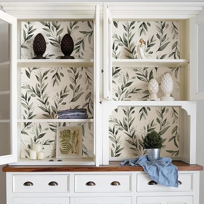 Livebor Green Leaf Peel and Stick Wallpaper Olive Leaf Contact Paper 17.7inch x 393.7inch Sage Green Wallpaper Peel and Stick Eucalyptus Farmhouse Wall Paper Neutral Self Adhesive Decorative Vinyl | Olive Leaf Peel and Stick Wallpaper Eucalyptus Farmho... - Image 5