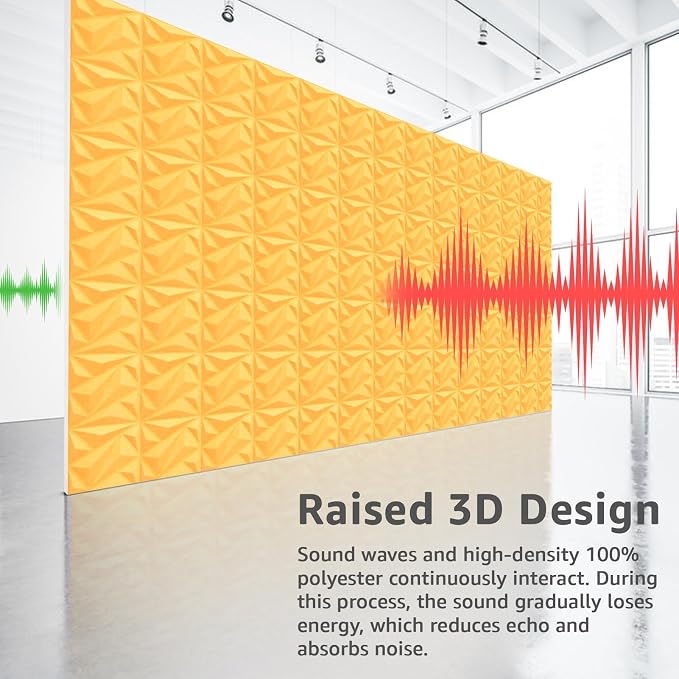 Art3dwallpanels Acoustic Panels, Yellow, 12" X 12", 20 Pack | 20 Pack, Soundproof Wall Panels, Sound Dampening Panels, 3D Wall Panels, Sound Absorbing Panels, Without Tape - Image 7