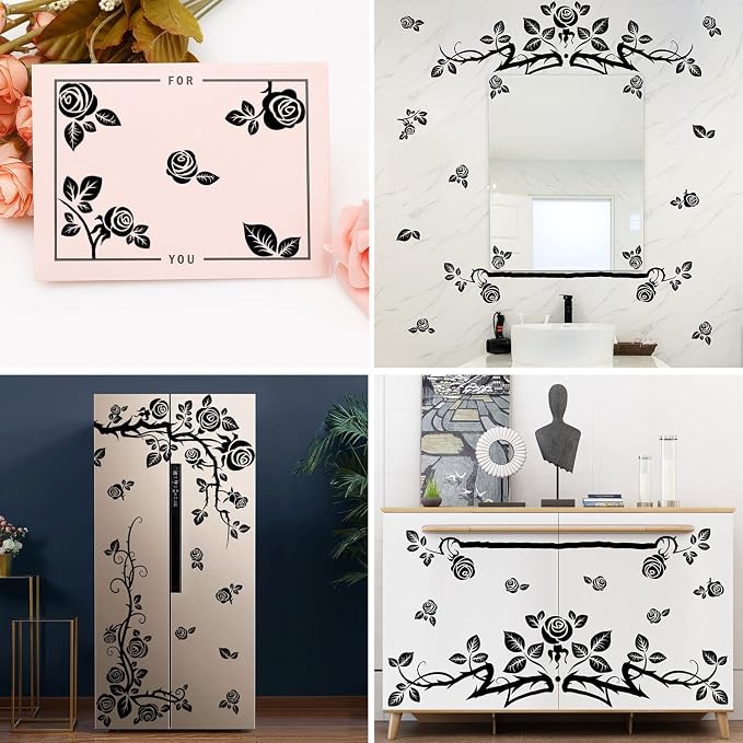 Amaonm Creative 3D Black Vinyl Flowers Wall Stickers - Removable DIY Flower Vine Wall Decals for Roses & Leaves Decor - Image 6