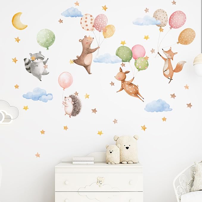 Watercolor Jungle Animal Wall Decal, Removable Nursery Woodland Animals,Cloud,Stars,Balloon Wall Stickers for Kids Boys and Girls Room, Bedroom & Toddler Room Decor (Balloon Animal Decals 84) by Unknown