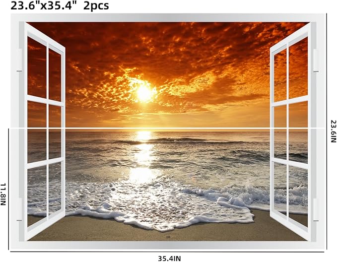 Self-Adhesive Wall Sticker Romantic Living Room Bedroom Study Office Decorative Wall Sticker Ocean Scenery Fake Window Sticker Mural (Sunset Beach, 23.6"×35.4") - Image 2