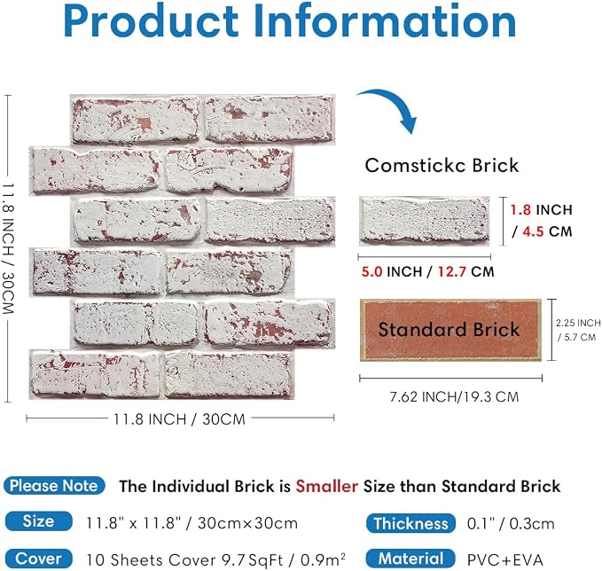 COMSTICKC 3D Faux Brick Wall Panels Peel and Stick, 10 Pcs 11.8" x 11.8" | Whitewash, Not Real Brick, Small Size, Ultra-Light PVC Sticker, Fake Brick Decorative Tiles for DIY Decor, Cover 9.7 sq ft - Image 4
