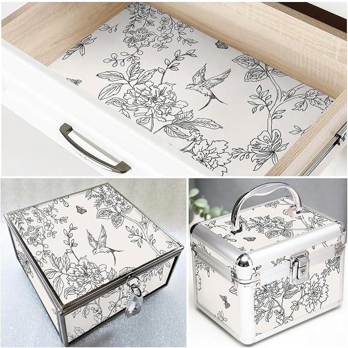 Froluya Black and White Floral Wallpaper Peel and Stick 17.7in×196.8in | Vintage Floral Contact Paper Boho Flowers Birds Removable Self Adhesive Decorative Wallpaper for Bathroom Cabinets - Image 9