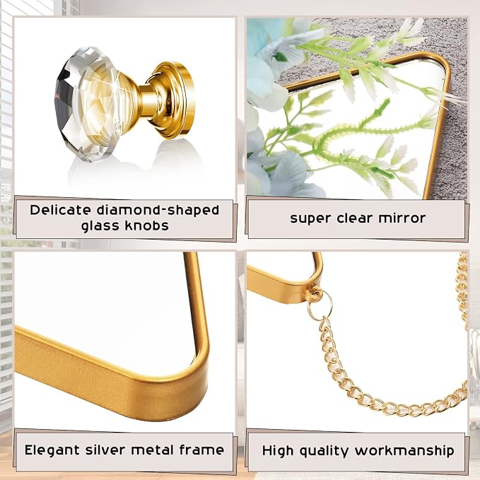 Suzile Diamond Wall Mirror Set with Hanging Diamond Handle Chain, Gold - Image 3
