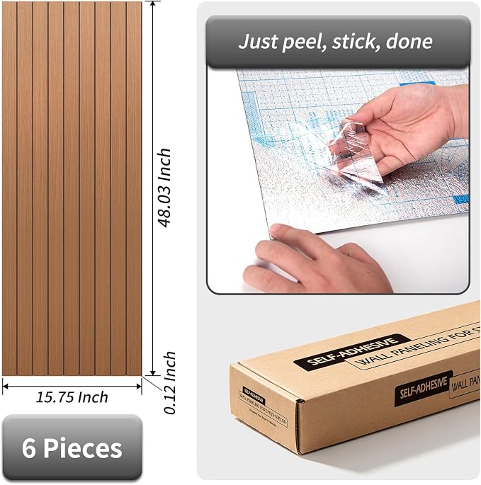 AMZDEPOT Peel and Stick Wood Panels for Wall, 6 Pack Walnut | Self-Adhesive Slat Wall Panels, PVC Thick, 3D Wood Grain Wallpaper, for Walls and Ceilings, 48"x15.75", Packed in Long Boxes - Image 2