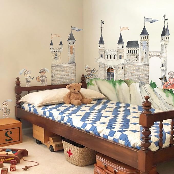 Large Knight Assembled Castle Wall Mural for Bedroom and Playroom | 64.96" x 57.09" Watercolor Castle Wall Murals, Peel and Stick Knight Wall Decals for Kids Room and Nursery - Image 6