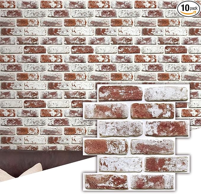 Commomy Faux Brick Panels Peel and Stick Wall Stickers 10 Pcs 11.8" x 11.8" | Small Size Thin PVC Red Fake 3D Brick Wallpaper for Kitchen,Fireplace,Home Office,Wall Covering Decor(Covers 9.7 sq.ft) by CommomyDecor