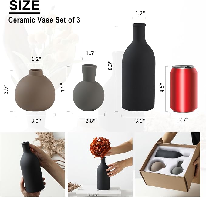 Ceramic Vase Set of 3, Vases Home Decor Rustic Farmhouse Decor Pottery Vases for Bouquet Pampas Grass Dried Fresh Flowers, Living Room, Kitchen, Bedroom, Bathroom, Entryway Mantel, Decor -Multicolor - Image 2
