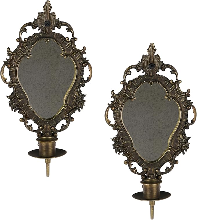 SOFFEE DESIGN Set of 2 Antique Gold Wall Sconces, Vintage Candle Holder with Distressed Mirror & Ornate Frame, for Taper Candles in Bedroom Hallway Decor by SOFFEEDESIGN