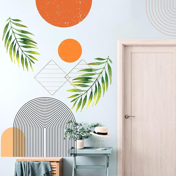 Boho Mid-Century Modern Wall Decals Peel and Stick, Large Archs Sun Vinyl Wall Stickers, Removable Leaves Plants Home Decor Art for Bedroom Living Room Classroom Office - Image 5