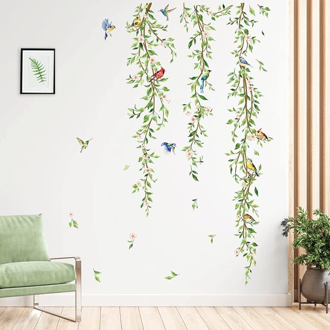 decalmile Green Vine Plants Leaves Birds Sofa TV Wall Decals Stickers - Image 2