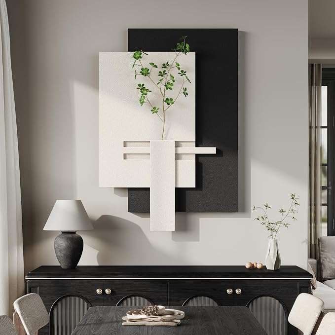 3D Black and White Abstract Wall Art, Modern Minimalist Artwork for Walls | Sandstone Textured Pictures, Layered Panle Design, Faux Plant, Decor for Living Room Bedroom Dining Room Office - Image 5