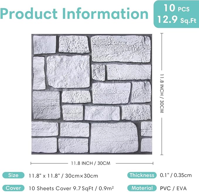 Commomy 3D Faux Stone Wall Panels Peel and Stick 10 Pcs 11.8" x 11.8" | Ultralight Thin PVC Fake Rock Wallpaper DIY Wall Covering Decorative Tiles for Kitchen Backsplash,Bedroom (Covers 9.7 sq.ft) - Image 6