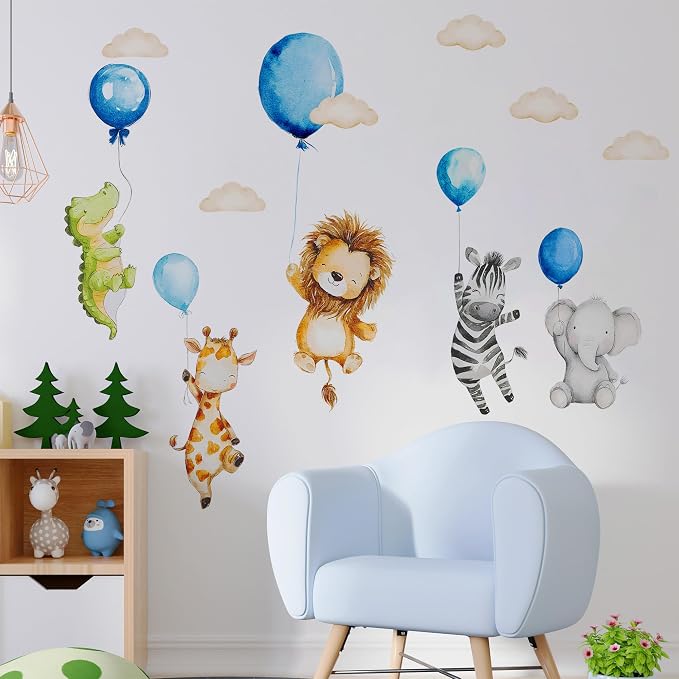 Watercolor Jungle Animal Wall Decal, Removable Nursery Woodland Animals,Cloud,Stars,Balloon Wall Stickers for Kids Boys and Girls Room, Bedroom & Toddler Room Decor (Balloon Animal Decals 44) - Image 3