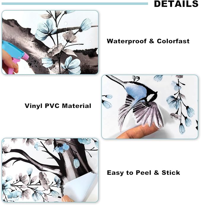 Blue Cherry Blossom Wall Stickers, Spring Watercolor Blue Flower Tree Wall Decals Bird Butterfly Peel and Stick Wall Murals Decor for TV Background Living Room Bedroom (Ink Blue) - Image 7