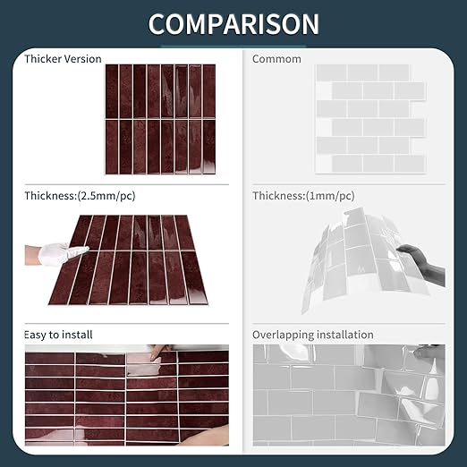 10 Sheets Upgraded Thicker Design Subway Tile Peel and Stick Backsplash | 12”×12”Self Adhesive Vinyl Wall Tiles Stick on Back Splash for Kitchen,Bathroom,Camper(Vintage Red) - Image 4