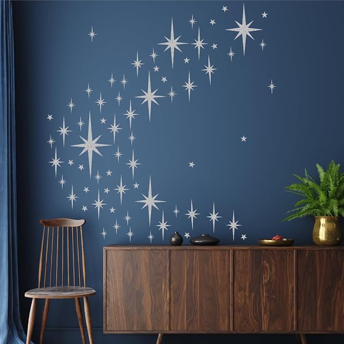 Retro Starburst Wall Decals Star Wall Stickers Atomic Stars Celestial Decor | Peel and stick, silver wall stars, starburst wall decor, removable art murals, for nursery living room bathroom - Image 3