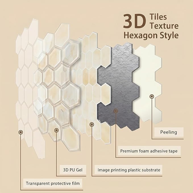 Arttown Peel and Stick 3D Wall Backsplash, 10-Sheet, 12" × 12" Hexagon | Subway Tile Self Adhesive Thicker Design Wall Tiles Panel Wallpaper for Kitchen Bathroom Balcony - Image 5