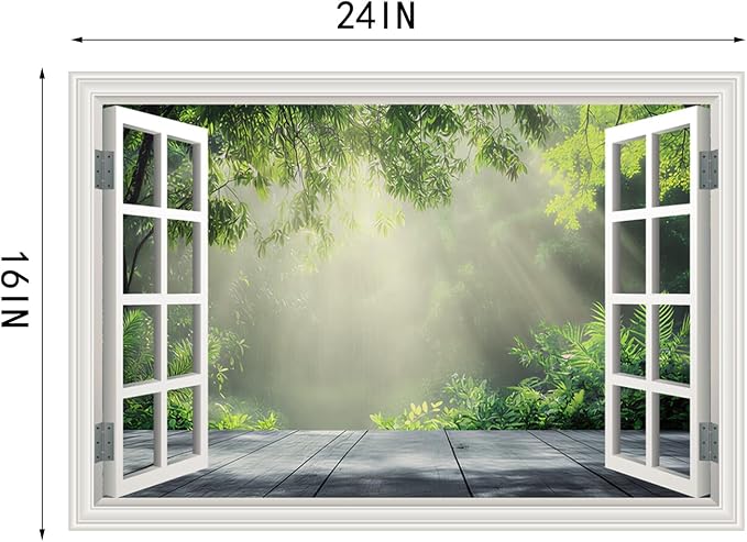 Fake Window Poster Wall Decal - Morning Green Forest Faux Window Wall Mural Prints for Wall Decor, Peel and Stick Wall Sticker, Spring Green Forest Tree Scene Wall Art Poster 24" x 16" - Image 5