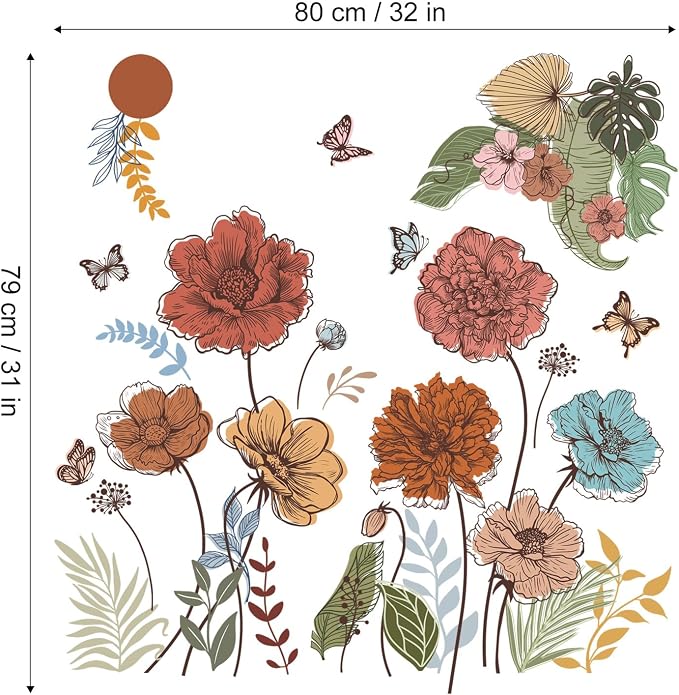 Large Boho Flower Wall Decals Floral Leaves Grass Butterfly Wall Stickers Removable Wall Art Decor for Living Room Bedroom - Image 5