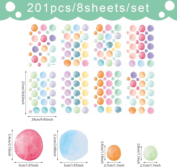 201 Pcs Watercolor Polka Dots Wall Decals, Peel and Stick Boho Rainbow Wall Stickers, Multicolor Circle Wall Decor,Pastel Colorful Round Decoration for Girls Bedroom Kids Nursery Classroom Playroom - Image 6