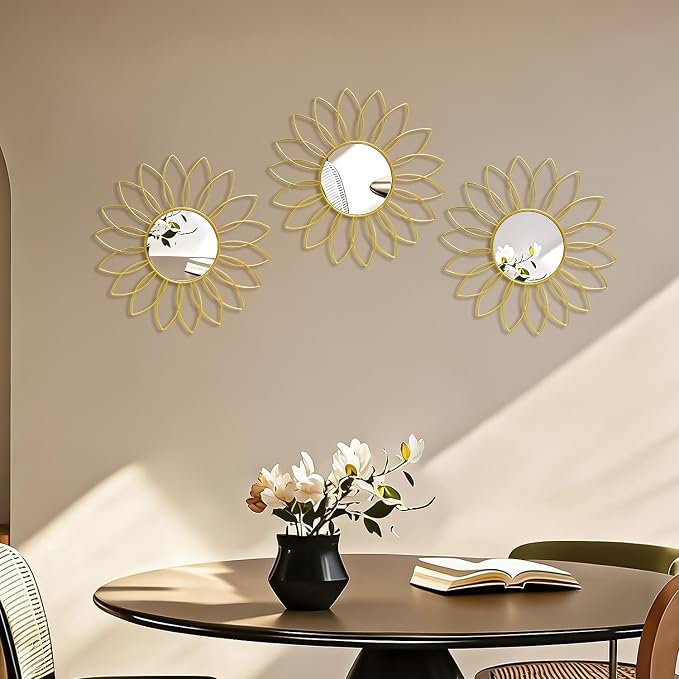 3 Pack Metal Mirrors for Wall Sunburst Wall Mirrors Home Décor Decorative Hanging Wall Art for Living Room Bedroom Entryway (Gold2, Flowers) - Image 7