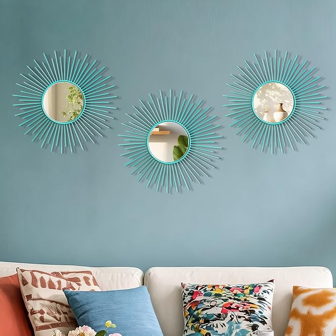 3 Pack Metal Mirrors for Wall Sunburst Wall Mirrors Home Décor Decorative Hanging Wall Art for Living Room Bedroom Entryway (Greenish Blue, Sunburst) - Image 2