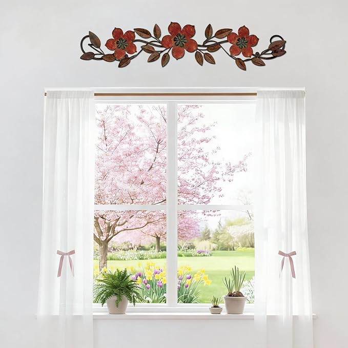 Wesiti Metal Flower Wall Decor Wrought Iron Scroll 15.7x3.7,Red | Vintage Metal Flower decor,Farmhouse Leaf Art with Nails, Flat Not 3D Design, For Bedroom Kitchen Indoor Outdoor Wall Decor - Image 5