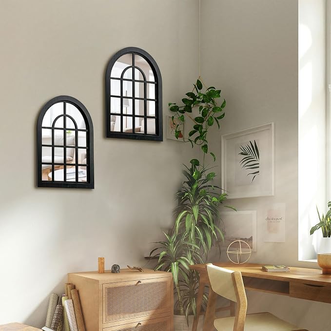 ZEXUIRU 2 Set Rustic Wall Mirrors for Bedroom Bathroom Living Room Entryway Wood Farmhouse Easy to Hang Framed Decorative Accent Hanging Wall-Mounted Mirror Set for Living Room - Black - Image 5