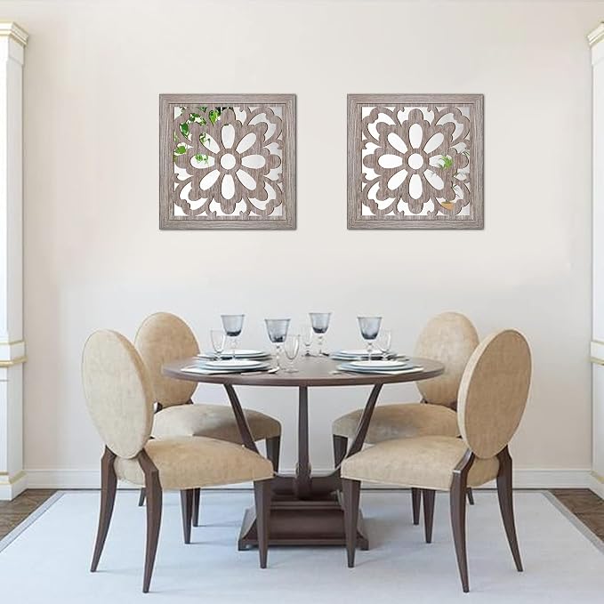 Yudarte 2pcs Set Square Mandala Cutout Wall Mirror Decor - Farmhouse Rustic Decorative Mirrors for Bedroom Bathroom Living Room Kitchen Entryway 12x12 Inches - Image 4