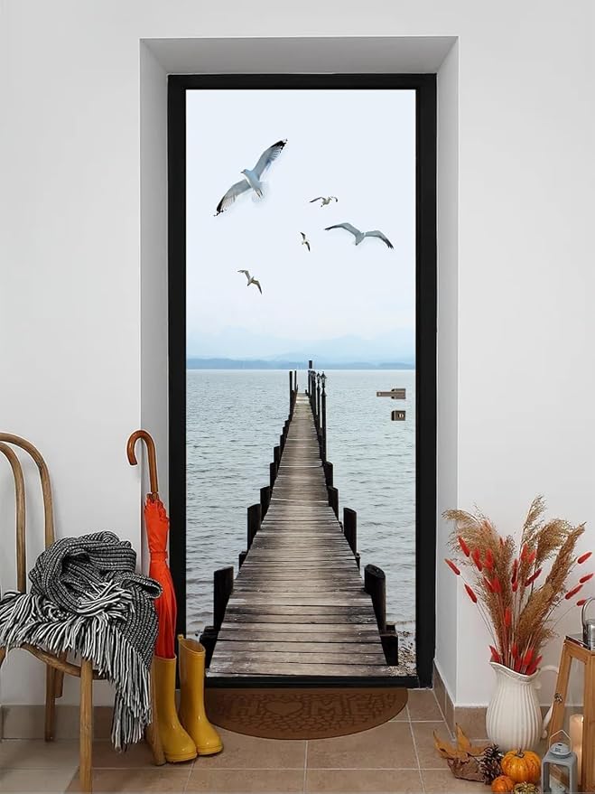 artfanke 3D Peel and Stick Door Sticker 33.5"x84.6"-Self-Adhesive Door Wallpaper Murals Decal-Wood Bridge Birds Wall Poster for Bedroom Home Decor (2 Sheets/Set) - Image 7