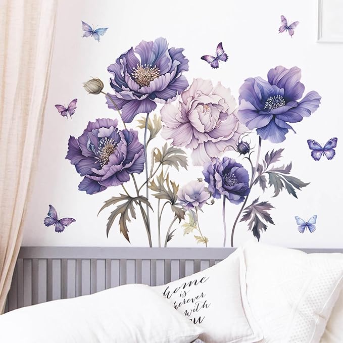 TUOKING Purple Flowers Wall Stickers Removable Butterfly Wall Murals | Peel and Stick Vinyl Wall Art Decal Home Decor for Kitchen,Bedroom,Living Room(fun-c16) - Image 5