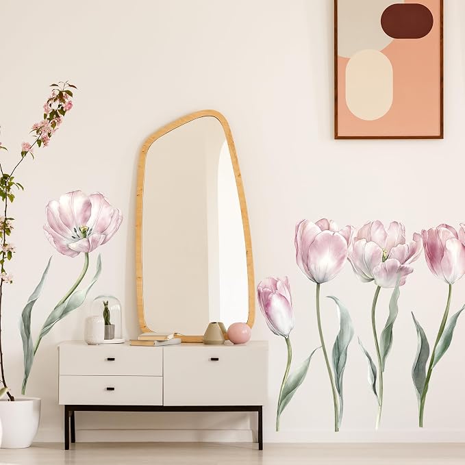 Flower Wall Decals - Peel and Stick Large Tulip Floral Flowers Wall Stickers,Removable Flower Home Decor Art for Living Room, Bedroom, Nursery Decor Wall Corner Decor (Tulip Wall Decals) - Image 2