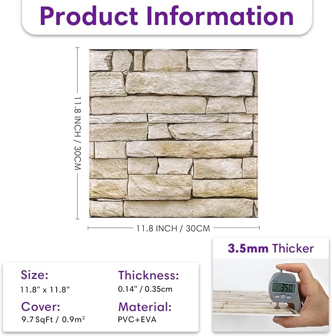 3D Faux Stone Wall Panels Peel and Stick, Designed for Quick DIY | Beige, 10 Pcs 11.8" x 11.8", Stone-Look, Ultra-Light PVC Fake Stone Wall Covering Tiles for Wall Renovation, Cover 9.7 sq ft - Image 4