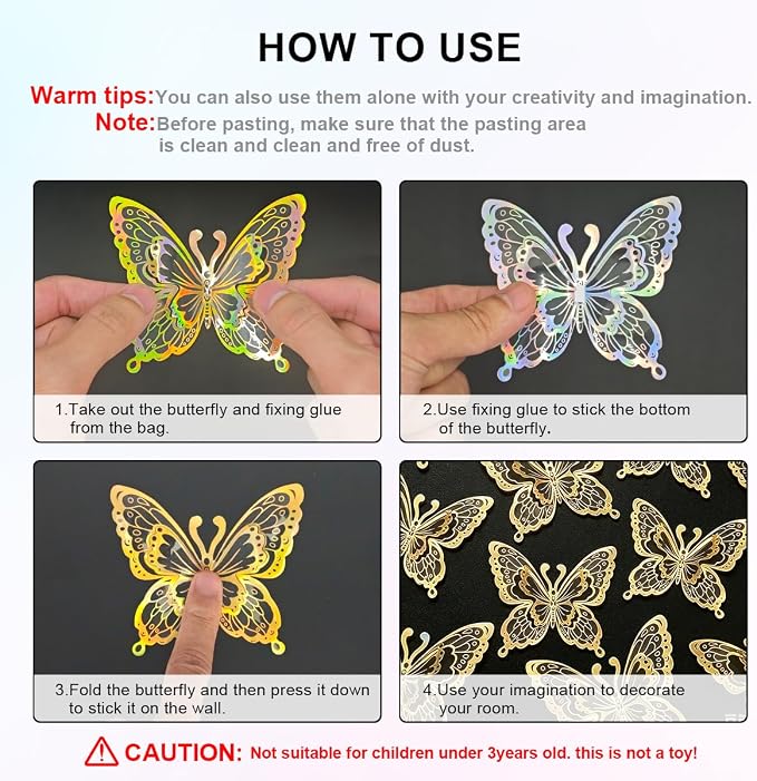 60 Pcs Butterfly Wall Decals - 3D Butterflies Removable Mural Wall Stickers for Home Room Bedroom Door Office Decorations (Gold) - Image 4