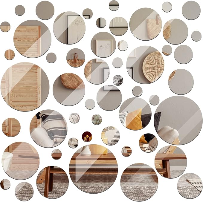 Jetec 56 Pcs Round Glass Mirror Tiles, 2/3/4/6/8/10 Inch Wall Decor Set by Jetec