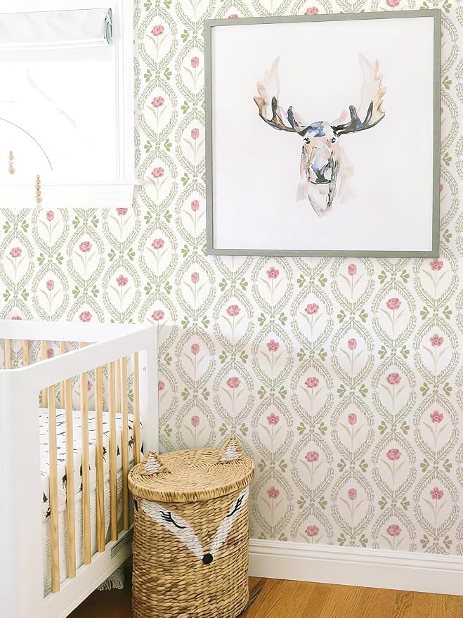 Orainege Peel and Stick Wallpaper Green Pink Floral Wallpaper | 16.9in x196.8in Leaf Contact Paper Vinyl Waterproof Self Adhesive Boho Botanical Wallpapers for Bedroom Living Room Decor - Image 8