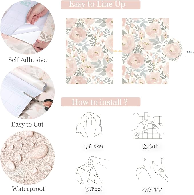Orainege Peel and Stick Wallpaper Peony Floral Wallpaper | 17.3in x393.7in Floral Contact Paper Self Adhesive Removable Wall paper for Bedroom Laundry Room, Light Pink - Image 5