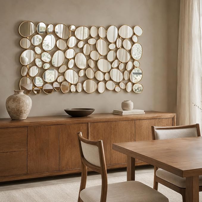 Gold Mosaic Wall Mirror, 27.55" x 55" Large Pebble Geometric Decorative Mirror with 71 Irregular Mirror Pieces, Modern Accent Wall Decor for Living Room, Entryway, Bedroom, Hallway - Image 8