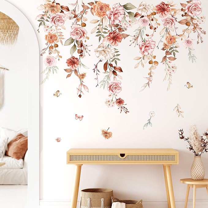 wondever Hanging Flower Vine Wall Decals Boho Floral Leaves Wall Stickers | Peel and Stick, Removable, Wall Art Decals, Wall Decoration, Living Room Girls Bedroom, Office Sofa TV Home Wall Decor by wondever