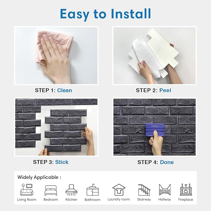 COMSTICKC 3D Faux Brick Wall Panels Peel and Stick, 10 Pcs 11.8" x 11.8" | Dark Gray, Not Real Brick, Small Size, Lightweight Thin PVC Wall Sticker Designed for Interior Wall Decor, Cover 9.7 sq ft - Image 8