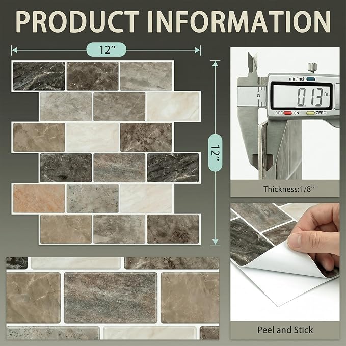 Arttown Peel and Stick 3D Wall Backsplash, 10-Sheet, 12" × 12" Brown Tan | Subway Tiles Self Adhesive Thicker Design Wall Tile Panel Wallpaper for Kitchen Balcony Bathroom Rental Housing - Image 3