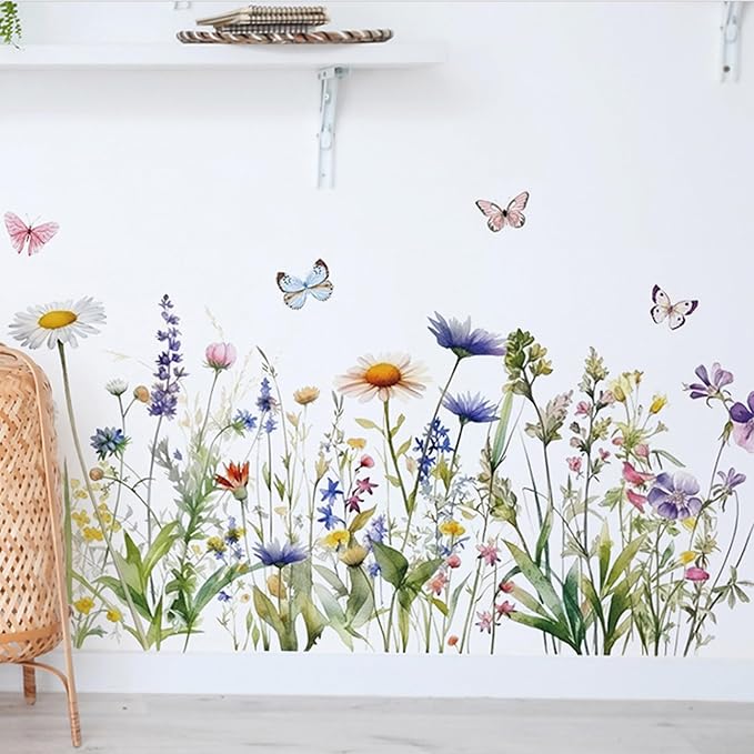 Wildflower Grass Daisy Wall Decals, Garden Floral Butterflies Flower Wall Stickers, BWCXXZH Self-Adhesive Wall Art Stickers for Girls Bedroom Living Room Nursery Decor - Image 4