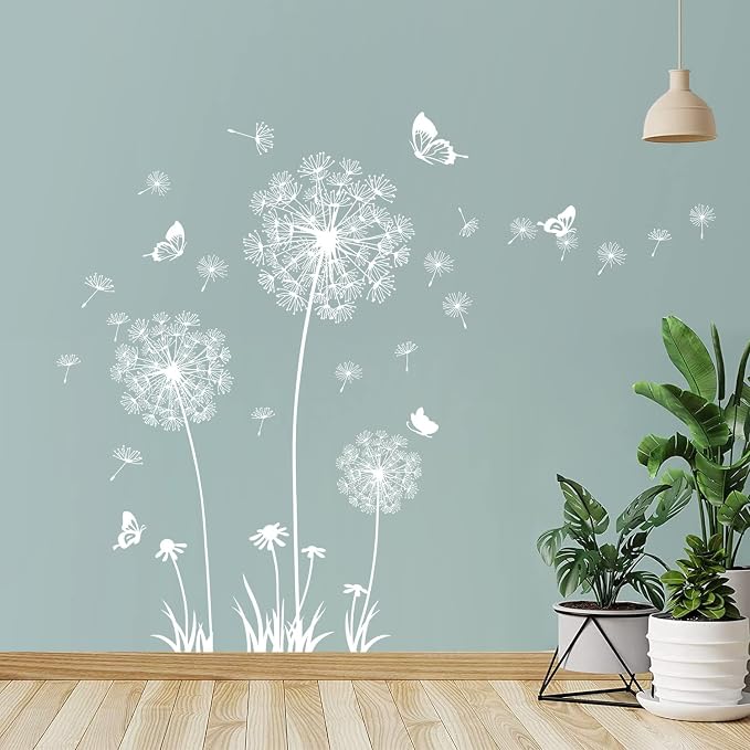 Dandelion Wall Decals Removable Flower Wall Stickers Peel and Stick Floral Butterfly Murals Dandelion Party Decoration for Bedroom Living Room Sofa Backdrop TV Dandelion Wall Decor (White) - Image 7