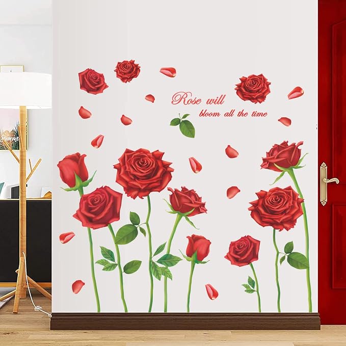 LiveGallery Beautiful Lovely Rose Flowers Wall Decals Removable DIY Butterfly Flower Vines Art Decor Wall Stickers Murals for Living Room TV Background Kids Gilrs Rooms Bedroom Decoration (Red) - Image 5
