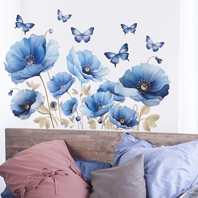 TUOKING Blue Flowers Wall Stickers Removable Butterfly Wall Murals | Peel and Stick Wall Art Decal Home Decor for Kitchen,Bedroom,Living Room(fun-c13) - Image 6