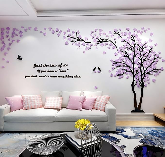 Family Tree Wall Decor Decals - DIY 3D Tree of Life Wall Art Large Decal Stickers Silver Decor Living Room Mural for Bedroom Hallway Home TV Background (Purple Right,M-98X51in) - Image 2