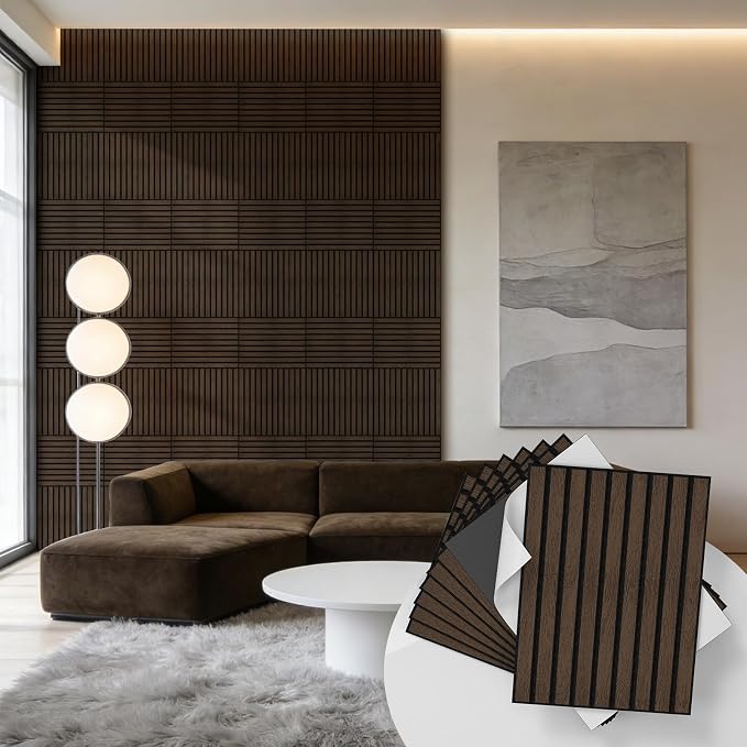 WADILE 24 Pack Self Adhesive Acoustic Wall Panels in Wood Look 11.8"x15.7" | Soundproofing PVC Slats on Felt, Decorative Wall Panels for Living Room & Bedroom Accent Wall by WADILE